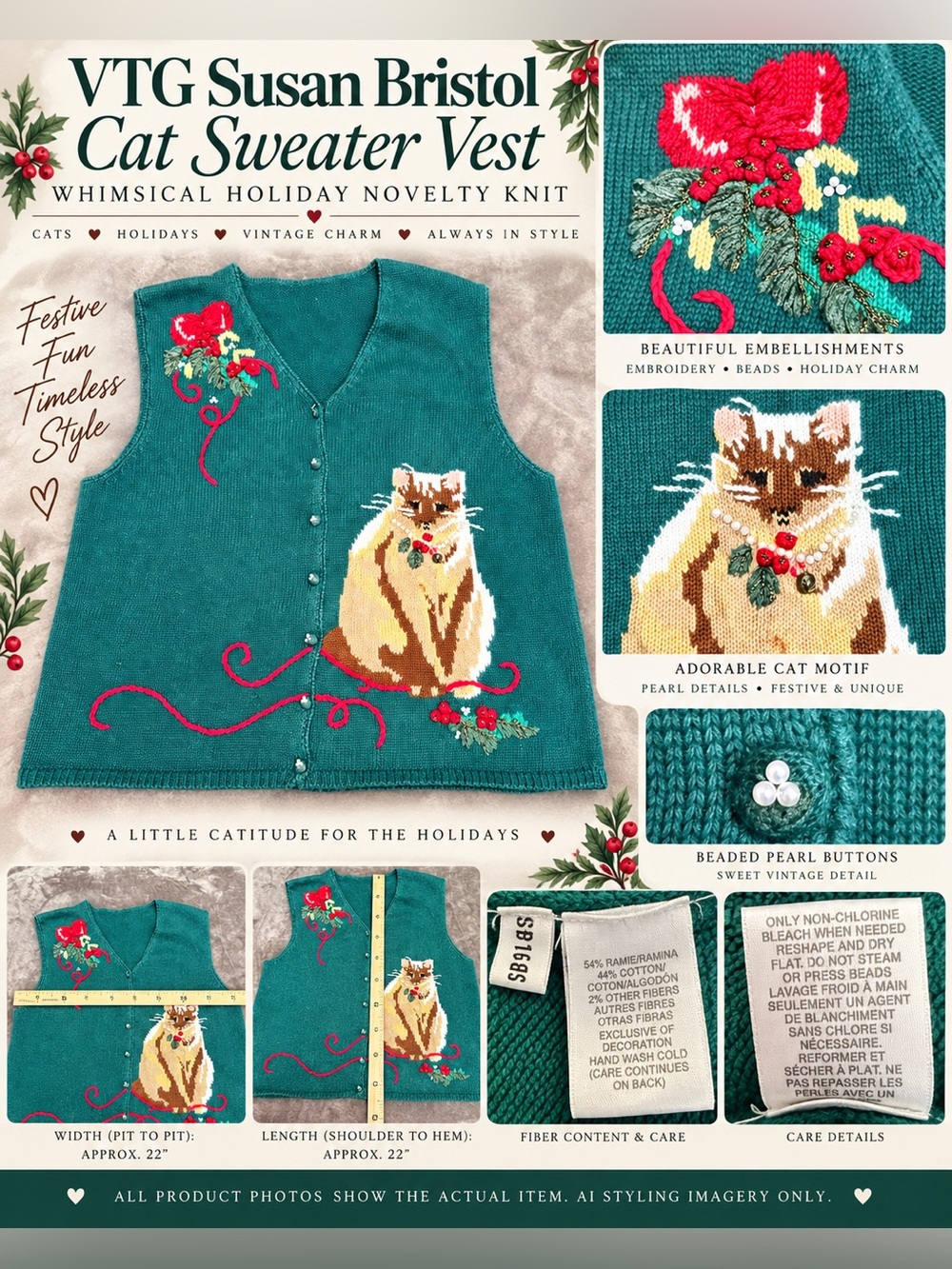 VTG Susan Bristol Christmas Cat Sweater Vest Beaded Pearl Teal Ramie Cotton Sz L